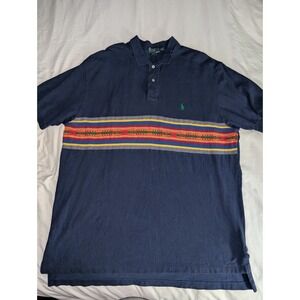 VNTG Polo Ralph Lauren Mens 2XL Blue  Cotton Short Sleeve Polo W/Indian Print